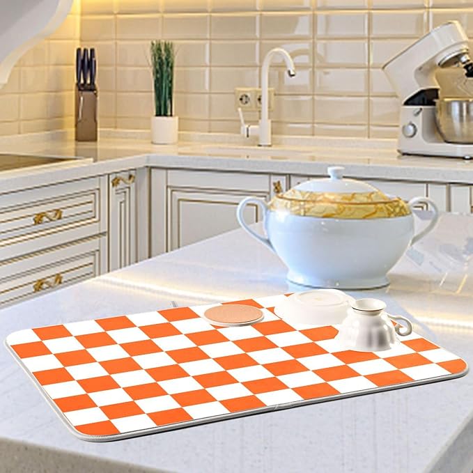 Burnt Orange Chessboard Dish Drying Mat for Kitchen Countertop 18x24 Plaid Checkered Rectangle Large Drying Mat Reusable Quick Dry Dish Sink Absorbent Mats Easy Clean Decorative Home Essentials