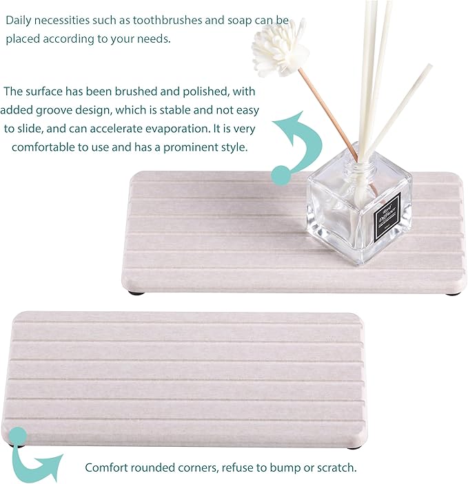 NiuYichee 2 PCS Water Absorbent diatomite Coasters, 8.3" x 4" Water Absorbing Stone Tray for Sink, Stone Drying mat for Kitchen Counter, Stone soap Tray Used for Hand Soaps & toiletries & Plants