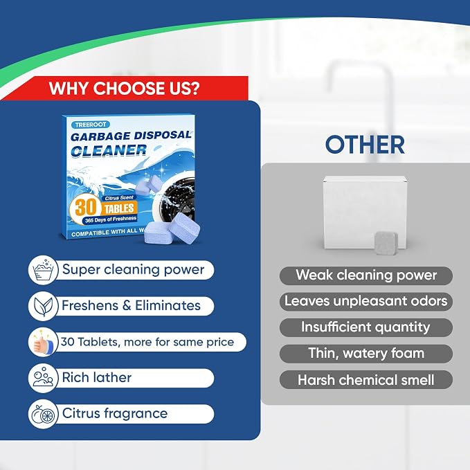 Treeroot Garbage Disposal Cleaner and Deodorizer Tablets, 30 Pack Blue Foaming Cleaning Tablets, Citrus Scent Disposal Cleaner for Kitchen Sink, Drain Cleaning and Odor Control, 15-Month Supply