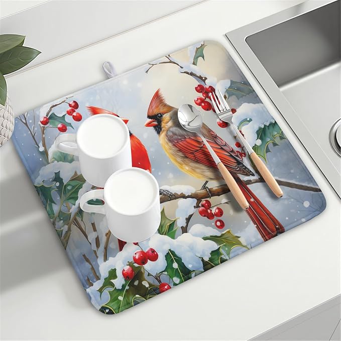 Winter Cardinal Birds Dish Drying Mat, Holly Berry Branches Dish Drying Mat for Kitchen Counter, Red Birds Absorbent Fast Dry Dish Drainer Mat Protector Xmas Microfiber Dish Drying Pad 16x18 Inch