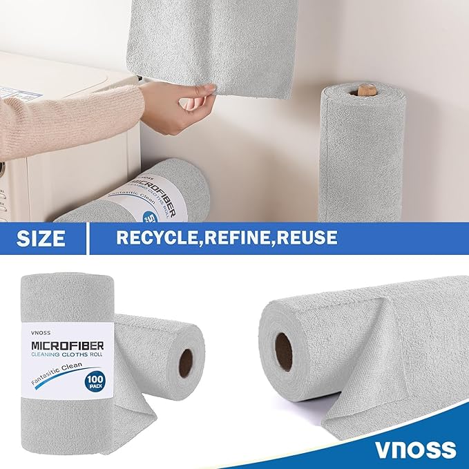100 Pack Microfiber Cleaning Cloth Roll, Tear Away Reusable Towels, 11" X 9", Ultra Absorbent & Lint Free Cloth for Cars, Kitchen, Window, Home and Shop, Gray