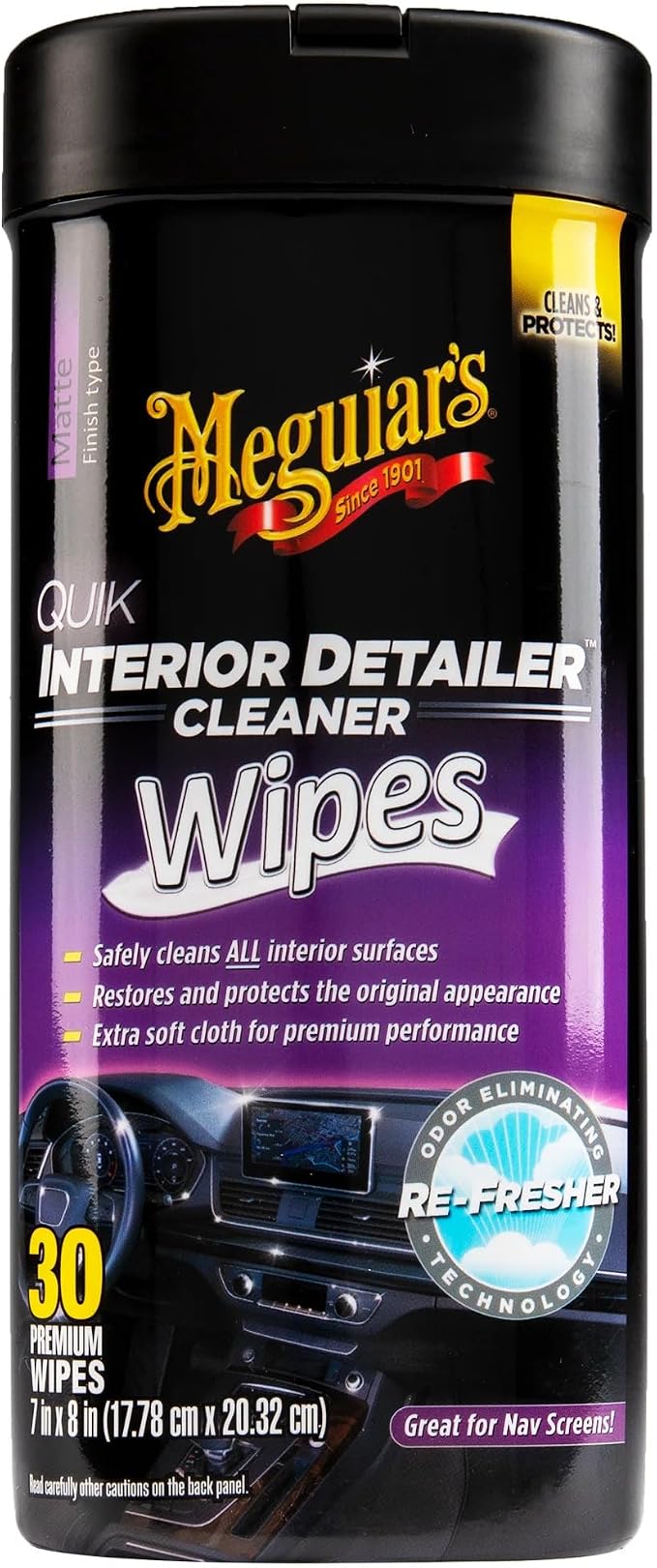 Meguiar's Quik Interior Detailer Wipes G13600, 6 Pack of 30 Count, 180 Total, Dashboard and Trim Cleaner for Leather, Vinyl, Rubber, Metal, LCD, Navigation Screens, Non-Greasy Touchups