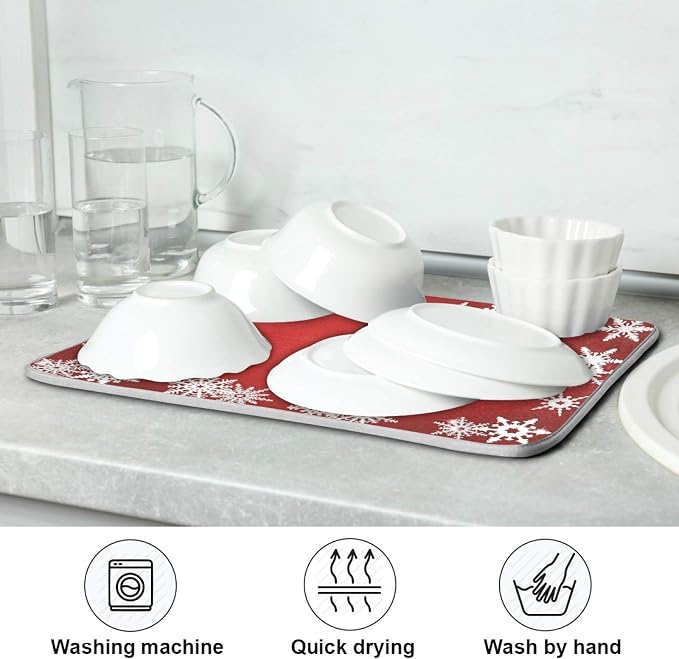 Super Absorbent Dish Drying Mat, Microfiber Fast-Drying Dish Mat, 24" x 18", Kitchen Dish Drying Pad, Watercolor Cute (Christmas Snowflake Abstract)