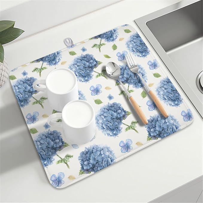 Spring Summer Blue Floral Dish Drying Mat 16x18 Inch | Hydrangea ,Polyester,Absorbent Microfiber,for Kitchen Coffee Dining Bar Decor