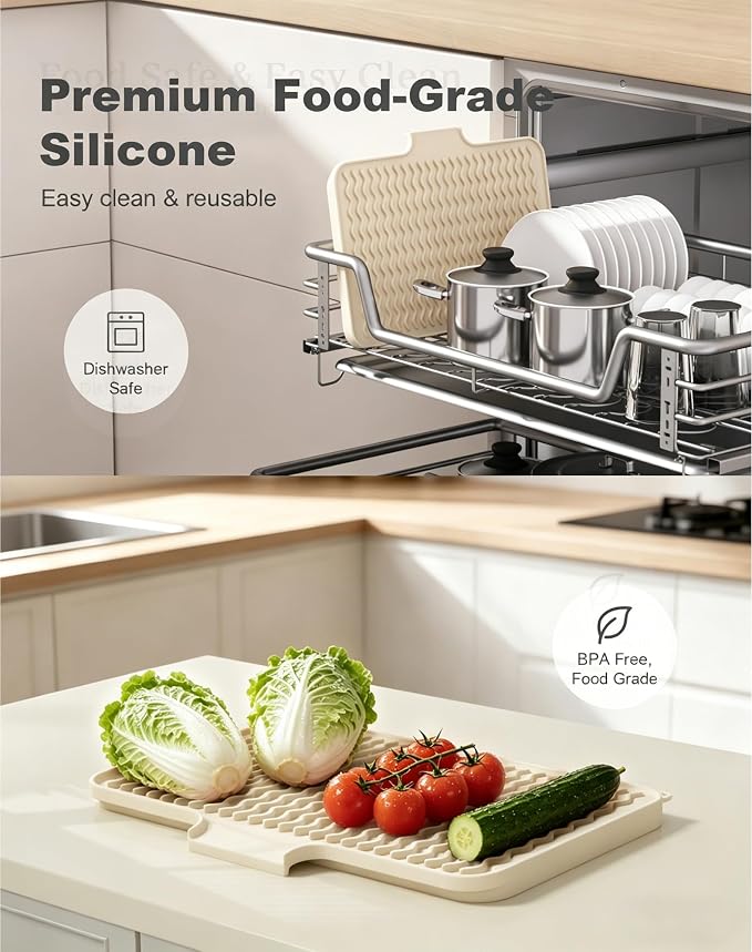 Rnivvi Silicone Dish Drying Mat for Kitchen Counter, 16 x 12" Drainer Pad with Drainage Spout, Non-Slip Countertop Protector Heat Resistant Trivet, Kitchen Decor Mat Sink Drip Pad for Dishes, Beige