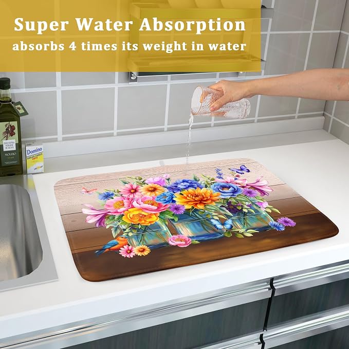 Summer Flowers Dish Drying Mat for Kitchen Counter 18x24in Vintage Colorful Floral Kitchen Drying Mat Soft Absorbent Microfiber Farmhouse Flowers Dish Drainer Rack Mats for Kitchen Countertops