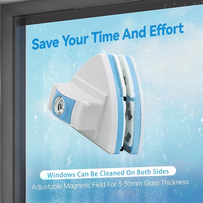 Double-Sided Magnetic Window Cleaner, Blue | Adjustable Magnetic Equipment, Fits 3-30mm Glass Thickness, 2.5m Safety Rope, High-Rise & Auto Glass, Safe Anti-Pinch Wiper