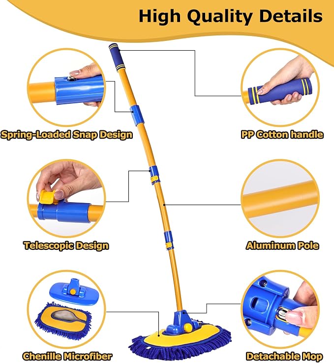 anngrowy 56.7" Car Wash Brush Mop Kit Mitt Sponge with Long Handle Car Cleaning Supplies Kit Tools Car Washing Duster Exterior Scratch Free, Chenille Replacement Head Extension Pole