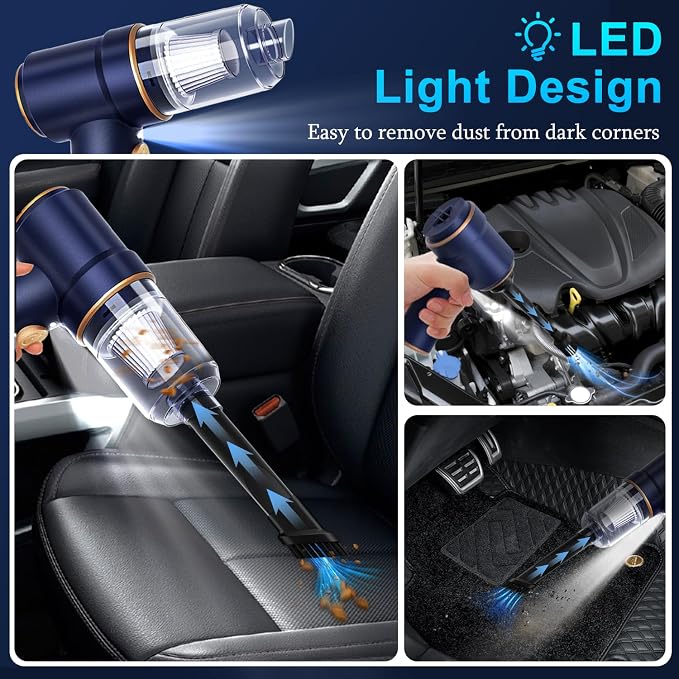 KMM Handheld Car Vacuum Cleaner, Hand Held Vacuum Cleaner and Air Duster | 9000PA Strong Suction, Cordless, 120W High Power, Multi-Nozzles & LED Light, for Home, Car, Office, Pet