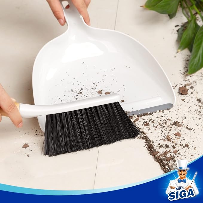 MR.SIGA Dustpan and Brush Set, Bamboo Handle, White, 1 Set | Handheld brush and dustpan combo with hanging loop, small broom and dustpan set