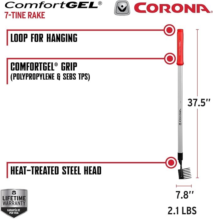 Corona Tools GT 3234 Reach 7-Tine Extended Rake, Silver,RED,Black
