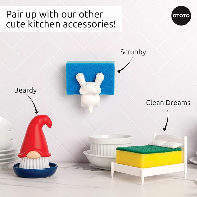 OTOTO Gnome Dish Brush with Handle - Cleaning Brush, Vegetable Brush, Dish Scrub, Gnome Handle, Unique Kitchen Gadgets, Funny Kitchen Tools, Useful Gifts for Women (Beardy Red)