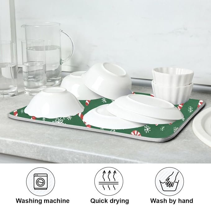 Christmas Candy Cane Dish Drying Mat for Kitchen Countertop 16x18 Winter Snowflake Green Xmas Small Drying Mat Reusable Quick Dry Dish Sink Mats Easy Clean Decorative Essentials