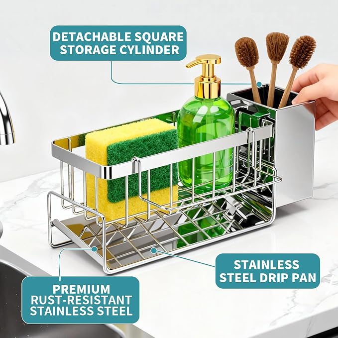 HoMaNa Sponge Holder for Kitchen Sink, Stainless Steel Sink Caddy Organizer, 30° Tilt Self-Drainage, Sponge Holder with Dish Brush Holder, Removable Dishcloth Rack for Kitchen Storage Box, Silver