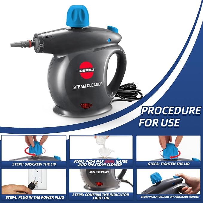 Handheld Steam Cleaner, Pressurized Multi-Surface Steam Shot with 13 Accessories, Safety Lock, Steamer for Cleaning Floor, Upholstery, Grout, Windows, Couch and Car, Grey