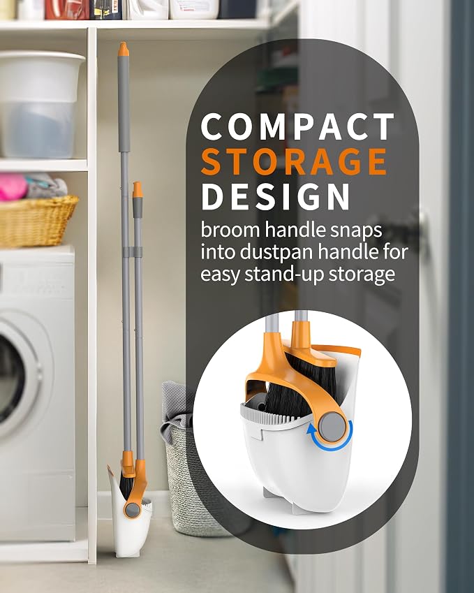 MR.SIGA Broom and Dustpan Set with Adjustable Long Handle, White & Orange | Stand upright broom with dustpan combo for home, office and garage easy sweeping and storage. 51.7"(131 cm) broom handle