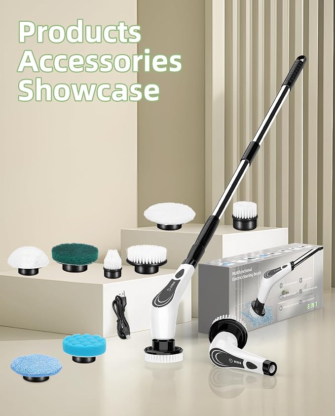 Cordless Electric Spin Scrubber, 8-in-1 Bathroom Cleaner | Bathroom scrubber, LED display, dual speeds, IPX7 waterproof, interchangeable heads for grout, tub, shower, wet-dry vacuum