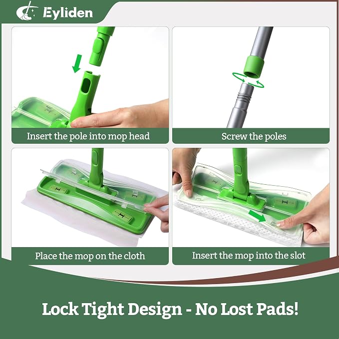 Eyliden Sweeper Mop with 36 Refills, 3 Types of Disposable Dry & Wet Cloths | Lock-Tight Design No Lost Pads, Universal Refills, Multi-Surface Sweeping Starter Kit for Pet Hair, Dust, Floor Cleaning
