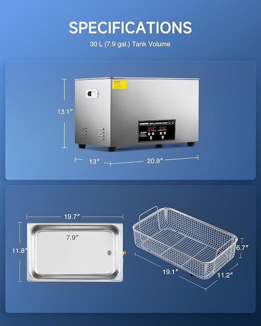 CREWORKS 30L Digital Ultrasonic Cleaning Machine with Heater and Timer, 600W Stainless Steel Ultrasonic Cleaner Machine, 7.9 gal Ultrasonic Parts Cleaner for Retainer Glasses Auto Tool Machine Part