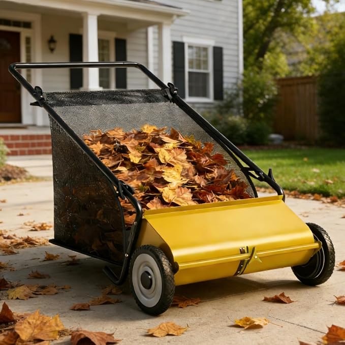 Garvee Push Lawn Sweeper,26-Inch Width Enhanced 4-Brush System with Large 7 cu. ft. Hopper Bag, Ideal for Yard and Garden Cleanup, Yellow | Brush Height Adjustment, All-Terrain Suitable, 7 cu.ft Hopper Bag, Durable Steel Frame, Easy Setup, Compact & Sp...