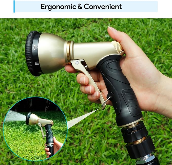 Heavy Duty Hose Nozzle, 9-IN-1 Spray Patterns, Spray Nozzles for Garden Hose with Metal Trigger & Lock Bar, 3/4" Thread & Connection Adapter, Suit for Watering Plants, Lawn, Car, Outdoor Pet