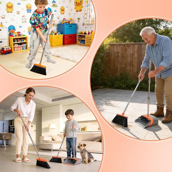 YZO Broom with Dustpan Combo Set, 56.1-Inch Long Handle Standing Design, Dustpan Front Rubber Tight Seal, Broom with 5-Layer Bristles, Suitable for Indoor Outdoor(Gray&Orange)