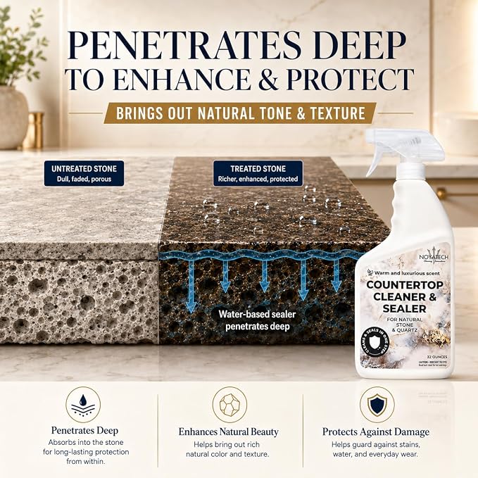 NOYATECH Countertop Cleaner & Sealer – Streak-Free Spray for Granite, Marble & Quartz | Cleans & Protects in One Step | Non-Toxic, No Film