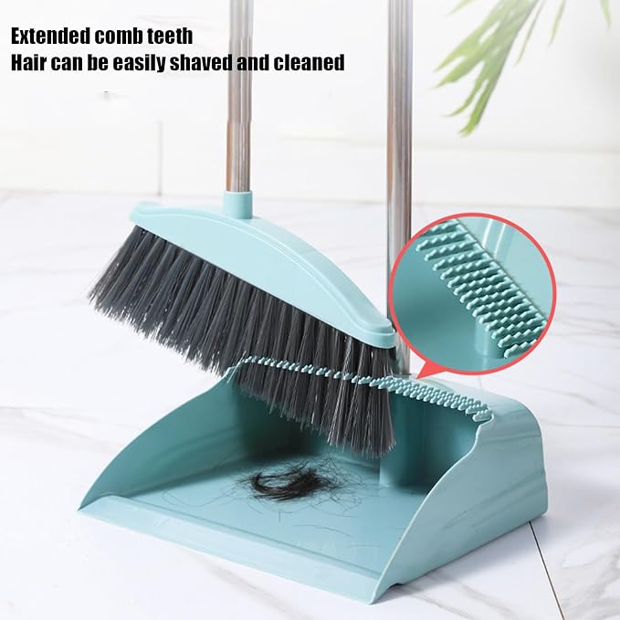 Broom and Dustpan Set for Home Indoor 180 Rotatable Broom with Dustpan Combo Set for Office Home Kitchen Lobby Floor Cleaning Broom Dustpan for Indoor & Outdoor Sweeping (Blue)