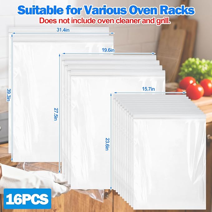 Palksky Oven Rack Cleaning Bags, 3 Sizes Heavy Duty No Scrub Bags for Use with Oven Cleaner, Reusable Leak-Resistant PE Bags for Deep Soaking Grill Grates & BBQ Racks, No Cleaner Included, 16 Packs