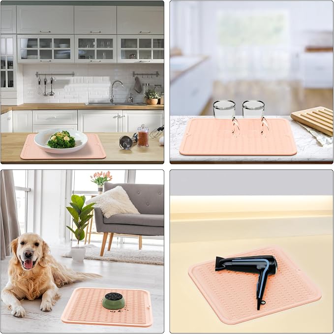 ZLR 4-in-1 Silicone Mat 12" x 12" / 305 x 306mm Square - Dish Drying Mat, Air Fryer Mat, Coffee Maker Pad & Heat Resistant Trivet (up to 450°F) - Non-Slip Food-Grade BPA-Free (Peach Pink)