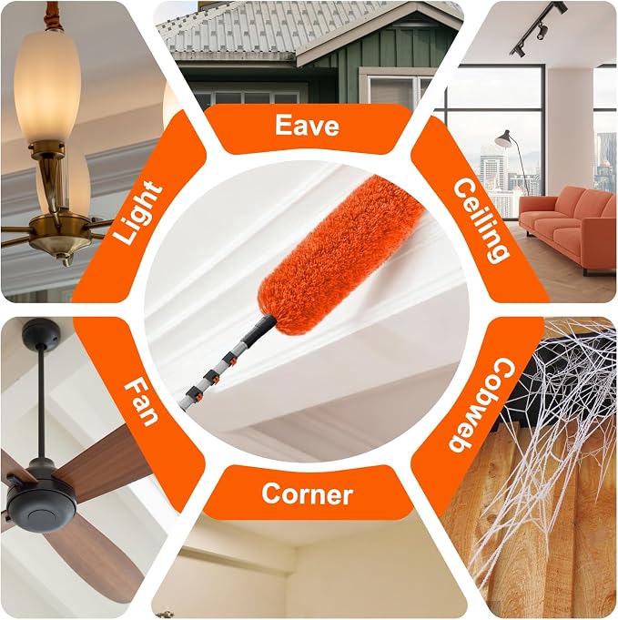 SISUPASSIE 20FT Reach High Ceiling Duster Kit, Window Cleaning kit with 3-12FT Extension Pole, Fan Duster for Ceiling Fan Blades, Microfiber Feather Duster, Window Squeegee, Bucket and Cobweb Duster