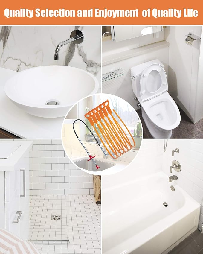 Hair Drain Clog Remover Tool – 6 × 25-Inch Sink Snake + 1 × 24-Inch Drain Cleaner Tool, Plumbing Snake for Shower, Toilet, Kitchen Sink & Tub – 7-Piece Hair Removal Tool Set