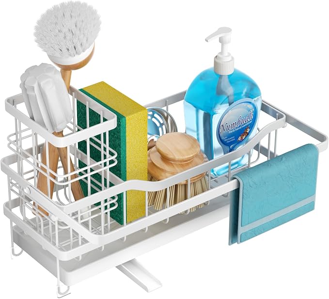 Sponge Holder for Kitchen Sink, Self-draining Sink Organizer with Towel Rack and Brush Holder, Metal Kitchen Sink Organizer for Countertop, White