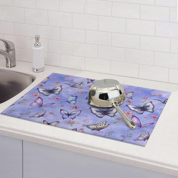 Butterfly Dish Drying Mat for Kitchen Counter Cute Kitchen Mat Microfiber Kitchen Countertop Absorbent Reversible Drainer Rack Pad Dish Drying Mat 18 x 24 Inch