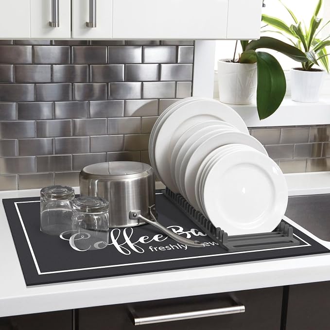 Findosom Dish Drying Mat, 16" x 18" Super Absorbent & Hide Stain Coffee Mat, Cuttable Drying Mat for Kitchen Counter, Coffee Bar Accessories, Under Dish Rack, Coffee Maker, Espresso Machine, Black
