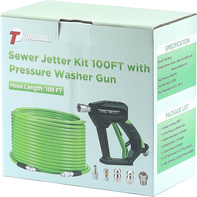 Tool Daily Sewer Jetter Kit for Pressure Washer 100 FT, Power Washer Gun | Drain Cleaner Hose 1/4 Inch NPT, Corner, Rotating and Button Nose Sewer Jetting Nozzle, 3600 PSI