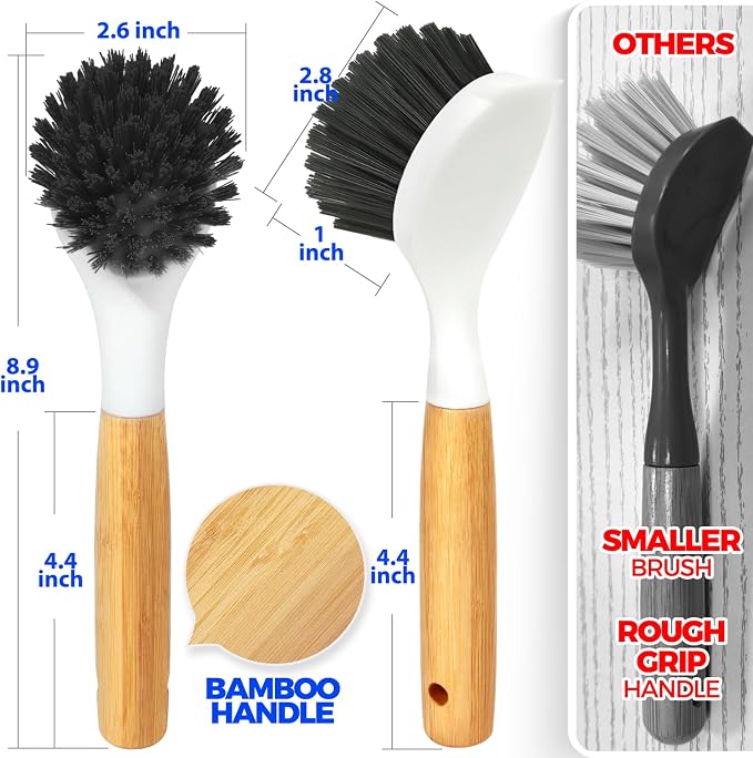 Holikme 3 Pack Cast Iron Brush and Scraper with Bamboo Handle – Skillet Scrubber with Tough Nylon Bristles, Kitchen Cleaner for Cleaning Skillet, Grill Pan, Black