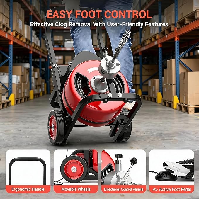 100Ft 3/4 Inch Drain Cleaning Machine. Sewer Snake 750w Auto Feed with 6 Cutter, Portable Drain Cleaning Machine Electric Drain Auger Sewer Auger Air-Activated Foot Switch for 4" to 8" Pipes