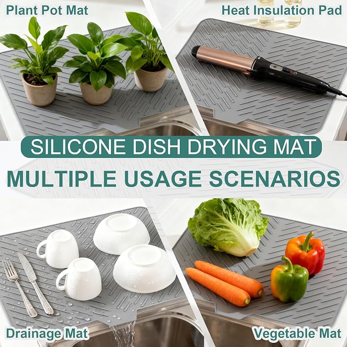 Silicone Dish Drying Mat 23x17,Food-Grade Silicone,Easy Clean Pad for Countertop Protection,Heat Resistant,Easy Clean,Non-Slip Drain Pad with Built-in Drain,Multi-Functional Use,Gray