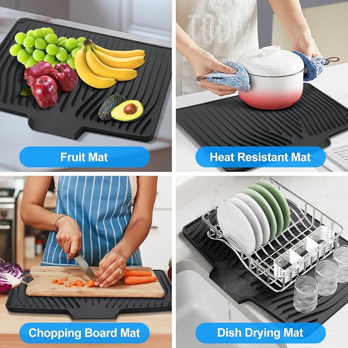Silicone Dish Drying Mat for Kitchen Countertops and Sinks,19 x13.7 Inch Non Slip Heat Resistant Mat with Built In Drainage System,For Refrigerator and Drawer Liners (black, 19 x13.7 Inch)