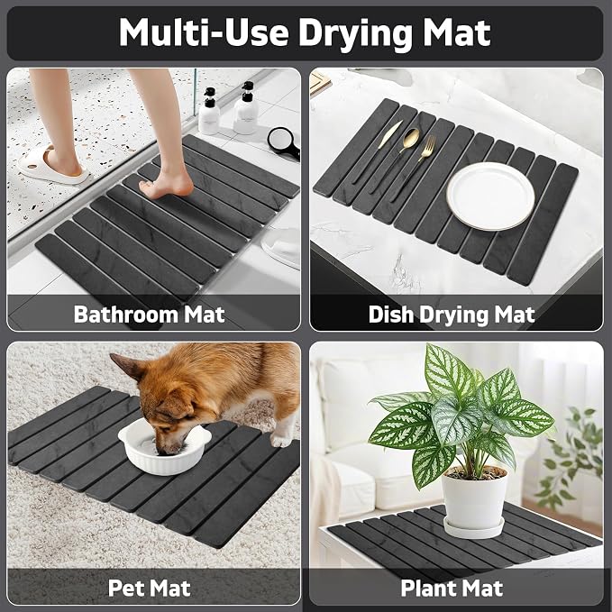 2 PCS Stone Dish Drying Mat for Kitchen Counter, 24"×16" Dark Gray, Fast Drying Collapsible Dish Drying Mat, Eco-Friendly Absorbent Diatomaceous Earth Mats for Match Countertop ( 24"×16" & 8"x4")