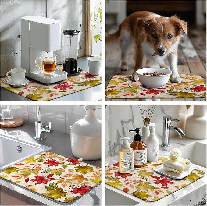 Fall Drying Mat for Kitchen Counter 16 x 18 Inch Maple Leaves Autumn Thanksgiving Harvest Dish Drying Mats Absorbent Microfiber Dish Draining Washable Reversible Dishes Pad