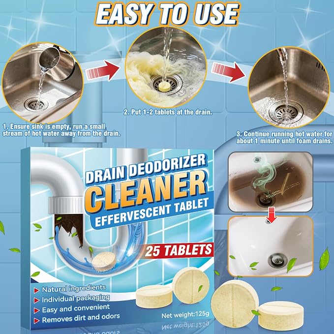 Smelly Sink and Drain Cleaner, 25 Pack Drain Cleaner Tablets Effervescent Tablets, Quickly Eliminates Odors, Drains Smell Eliminator for Sewer, Toilet and Septic Tank, Sink Smell Eliminator