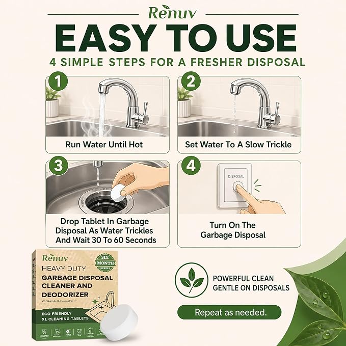 Renuv® Garbage Disposal Cleaner and Deodorizer Tablets, 6 XL Tablets | Foaming Citrus Scent, Drain Freshener, Kitchen Sink Odor Refresher For Garbage Disposer Cleaning