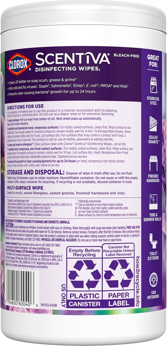 Clorox Scentiva Disinfecting Wipes, Lavender and Jasmine, Antibacterial, 75 Count