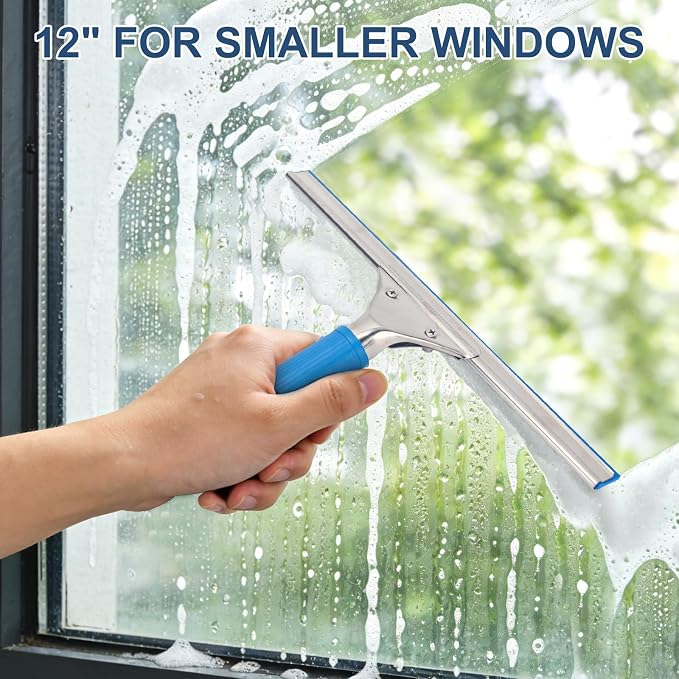 18” Professional Squeegee for Window Cleaning with 12” Replacement Blades | Window Squeegee for Shower Glass Door, Stainless Steel Rubber Squeegee