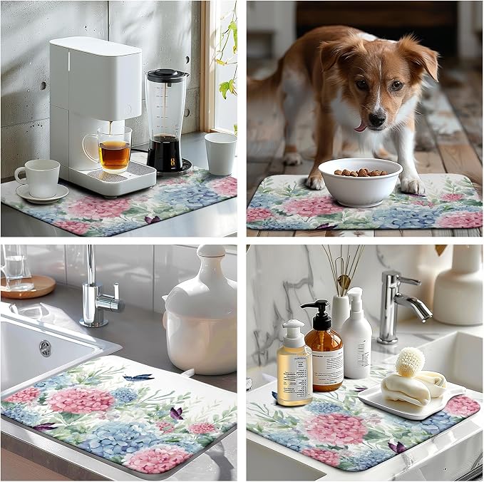 Spring Flowers Dish Drying Mat for Kitchen Counter Blue Pink Hydrangea Floral Drying Mats Absorbent Reversible Microfiber Dish Draining Mat Reusable Washable Dishes Pad Medium 16"x18"