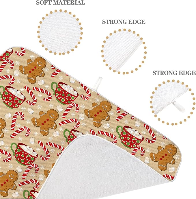 Christmas Dish Drying Mat 18x24 Inch Winter Brown Gingerbread Man Dish Drainer Protector Pad for Kitchen Counter Absorbent Marshmallow Candy Xmas Drying Pad for Drainer Rack Kitchen Fast Dry