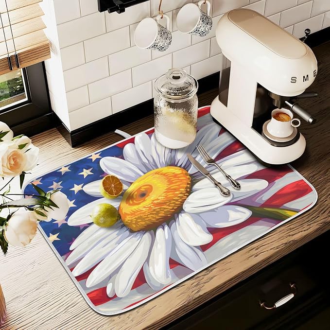 Daisy Flowers and American Flag Dish Drying Mat for Kitchen Counter Absorbent Microfiber Large Drying Pad Dish Mats for Kitchen Countertops 18 x 24 Inch