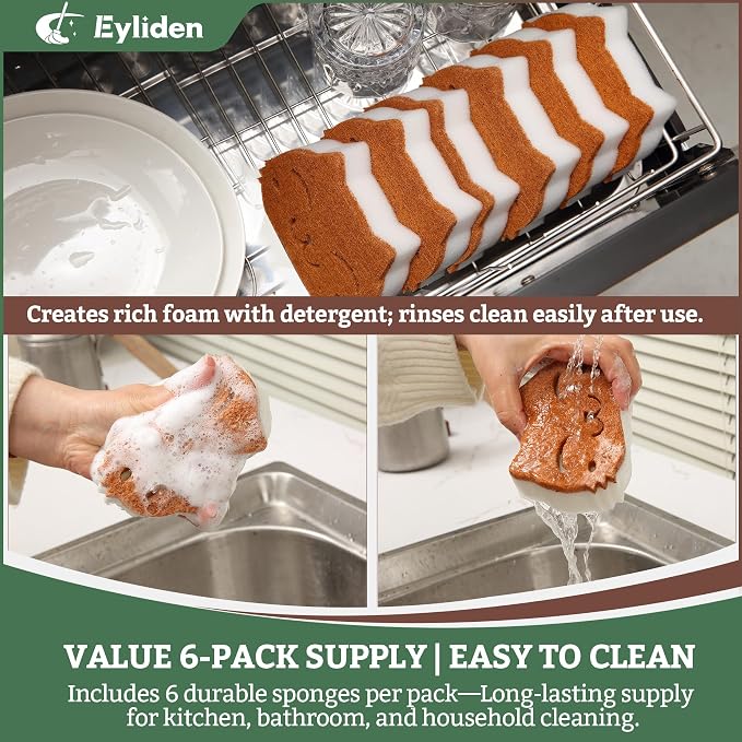 Eyliden Cat Scrub Sponges, 6 Pack, Plant-Based, Dual-Sided | Dish Sponges for Kitchen & Bathroom, Non-Scratch Cleaning for Dishes, Pots, Pans, Glassware